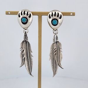 Sterling Silver Turquoise Feather Dangle Bear Paw Post Earrings